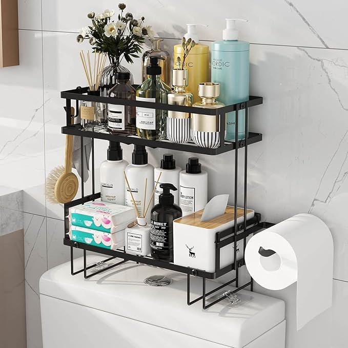 Godboat Bathroom Organizers, 2-Tier Over Toilet Storage, Floating Shelves with 2 Hooks & Paper Holder, Wall Mounted Shelf Furniture, Cool Accessories & Decor, Gifts for Women, Mothers Day (Black)-NeatNest