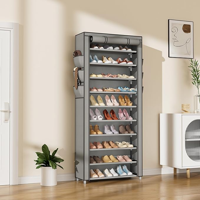 VTRIN Vertical Narrow Shoe Rack Organizer Tall Shoe Rack for Closet Entryway 10 Tier Non-Woven Cover Shoe Shelf Holds 36-41 Pairs Free Standing Shoe Storage Cabinet with Dustproof Cover, Grey-NeatNest