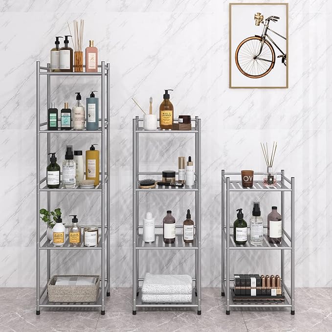 3 Tier Bathroom Storage Open Shelf Unit, Free-Standing Metal Corner Rack Shelving for Kitchen, Living Room, Hallway (Bright Gray, 3 Tier)-NeatNest