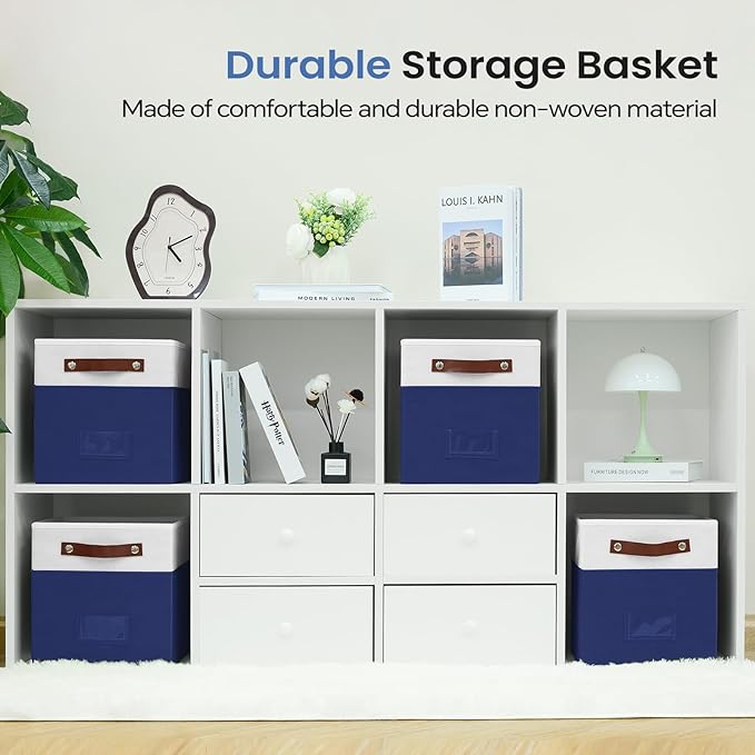 6-Pack Collapsible Fabric Storage Cubes with Handles & Label Holders, Closet Cube Home Organizer Bins (White/Navy Blue, 10.5 * 10.5 * 11 inch)