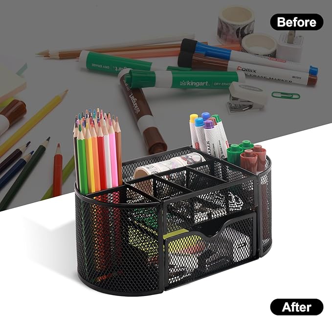 Comix Mesh Pen Pencil Holder Desk Organizer, 8 Compartment and 1 Drawer Wire Desktop Pen Pencil Cup Caddy Office Supplies Accessories for Home Office School, Black-NeatNest