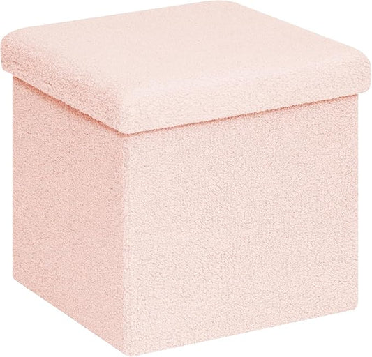 Folding Storage Ottoman Cube - Small Footrest with Sherpa Top, Multi-Functional Storage for Bedroom, Living Room-Pink