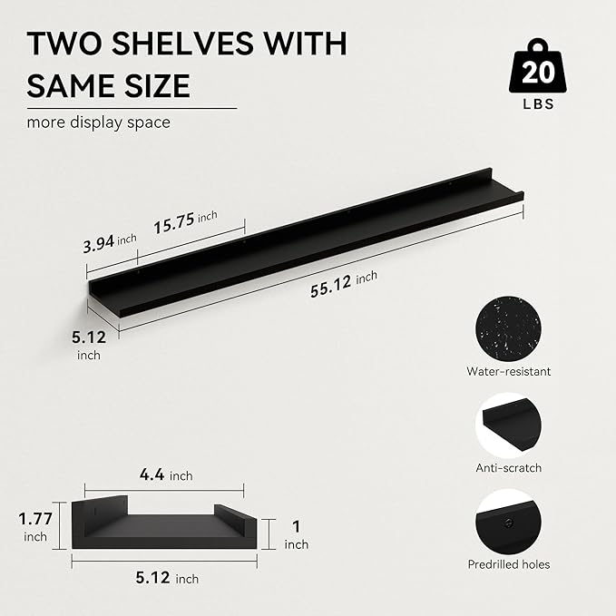 55.1 Inches Long Floating Shelves Wall Mounted, 2 Set Modern Wall Shelf for Bedroom, Nursery Book Shelf with Lip, Picture Ledge Shelf for Wall Decor Living Room Bathroom Kitchen - Black-NeatNest