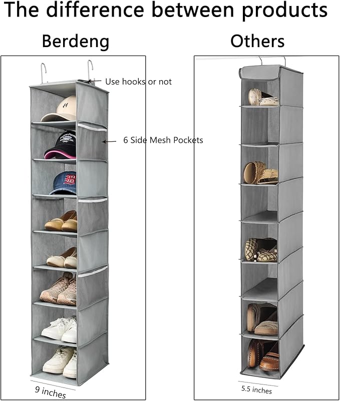 Hanging Shoe Organizer for Closet with Side Mesh Pockets，Hat Racks for Baseball Caps，Shoe and Hat Holder & Storage，8-Shelf，Gray，1 Pack-NeatNest
