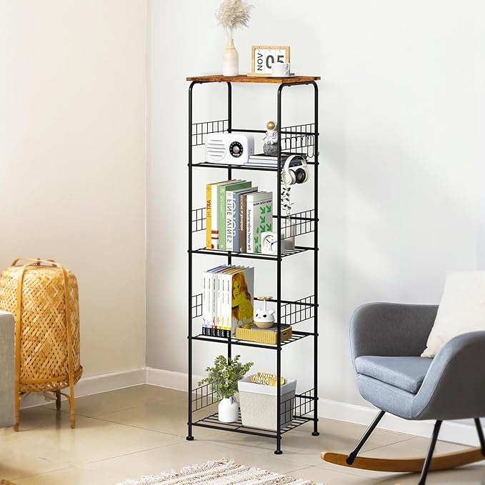 Storage Shelves with Wheels 5 Tier Metal Wire Storage Rack with Wooden Top, Versatile Utility Organizer with Side Hooks Free Standing Rolling Cart for Bathroom, Living Room, Kitchen, Laundry, Brown