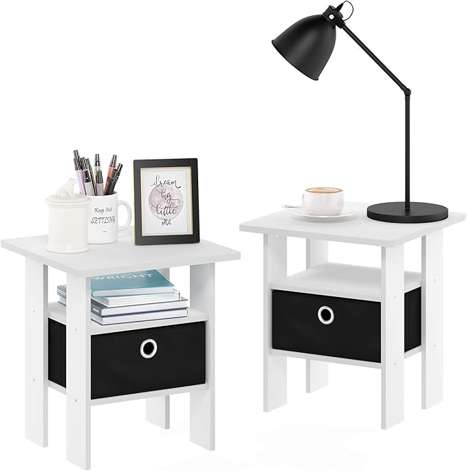 Furinno Andrey Set of 2 End Side Night Stand/Bedside Table with Bin Drawer, 2-Pack, White/Black