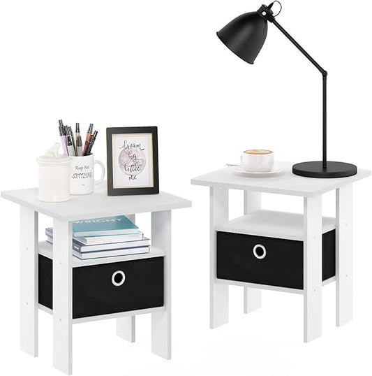 Furinno Andrey Set of 2 End Side Night Stand/Bedside Table with Bin Drawer, 2-Pack, White/Black
