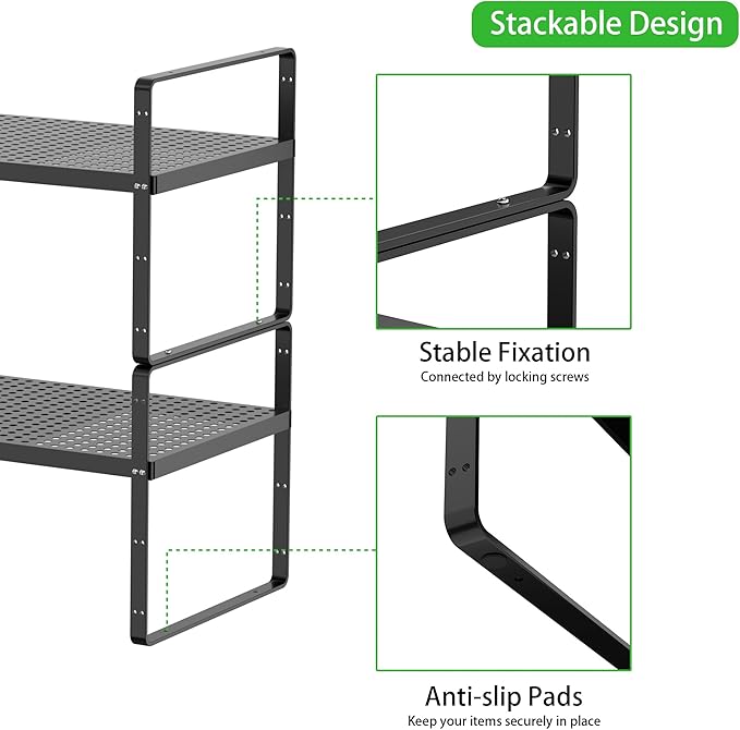 Expandable Cabinet Storage Shelf Stackable Organizer Rack for Kitchen Bathroom Pantry Spice Cupboard Coffee Countertop Home Office Desk Heavy Duty Nonslip Black Small 2 Packs-NeatNest
