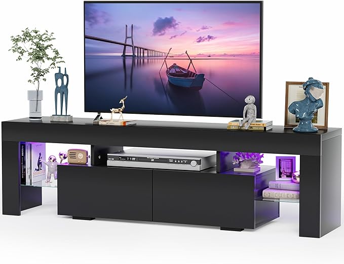 JUMMICO TV Stand, Modern Lighting TV Cabinet Entertainment Center Media and Open Shelf, TV Console Table with 1 Drawer and Remote Control, 20 Color LED Lights up to 70 Inch TV (Black)-NeatNest