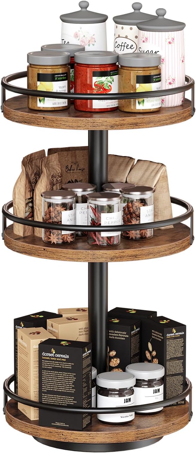 HOOBRO 3-Tier Lazy Susan Organizer, Rotating Spice Rack, Turntable Spice Rack, Vertical Storage Organizer, for Kitchen Countertop, Vanity, Dining Table, Rustic Brown and Black BF09TL01-NeatNest
