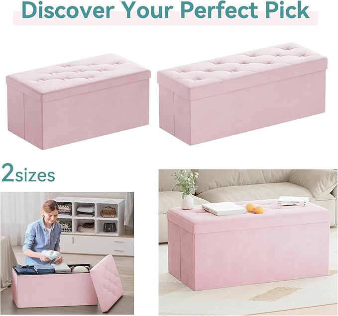BRIAN & DANY Folding Storage Ottoman Bench, Ottoman with Storage, Foot Rest, Benches Seat for Bedroom, Living Room, Entryway, Long Shoes Bench, 15.7" x 31.5" x 15.7" Pink-NeatNest