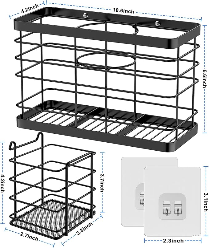 Hair Tool Organizer - Black Steel Wall Mounted Hair Dryer Holder with Removable Basket, 10.62"L x 4.33"W x 6.69"H, Ideal for Small Bathrooms-NeatNest