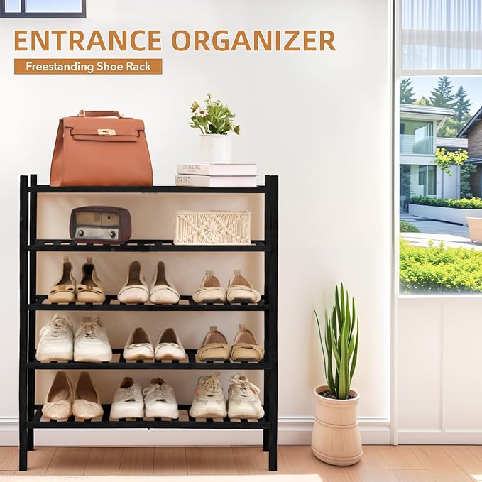 5 Tier Bamboo Shoe Rack Storage Organizer for Closet, Multifunctional Stackable Free Standing Shoe Shelf Organizer for Small Space,Entryway, Hallway, Bathroom27 x11 x32 (Black, 5 Tier)-NeatNest