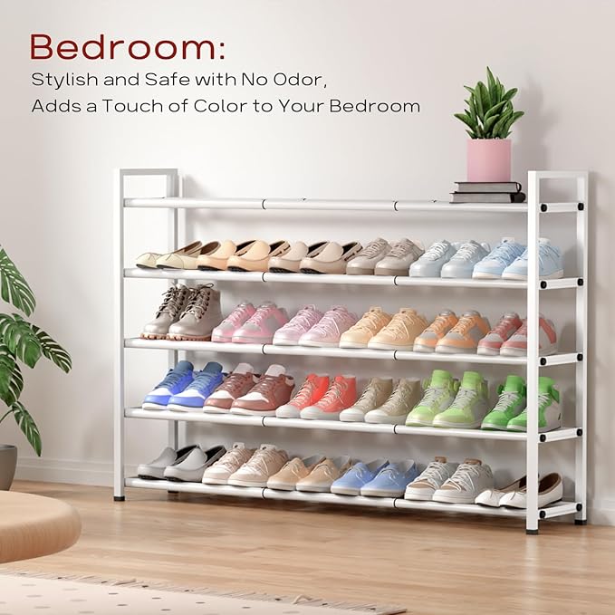 Bumusty 5-Tier Long Expandable Shoe Rack for Closet, 18"-44" Adjustable Shoe Rack for Entryway, 25-30 Pairs Large Shoe Organizer Shelf Storage, Sturdy Metal, White-NeatNest