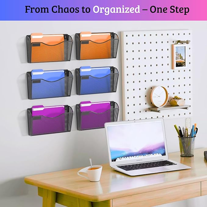 6 Single Pocket Mesh Wall File Organizer, Metal Vertical Wall Mounted Magazine Mail Paper Document Folder Holder for Office Home School, Black