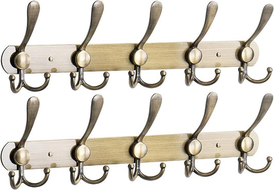 NearMoon Coat Rack Wall Mounted-2 Pack, Heavy Duty Bath Towel Hooks Stainless Steel Robe Hooks Holder, Metal Coat Hook for Towel Coat Hat Key Bathroom Bedroom Hotel Entryway (5 Hooks, Bronze)