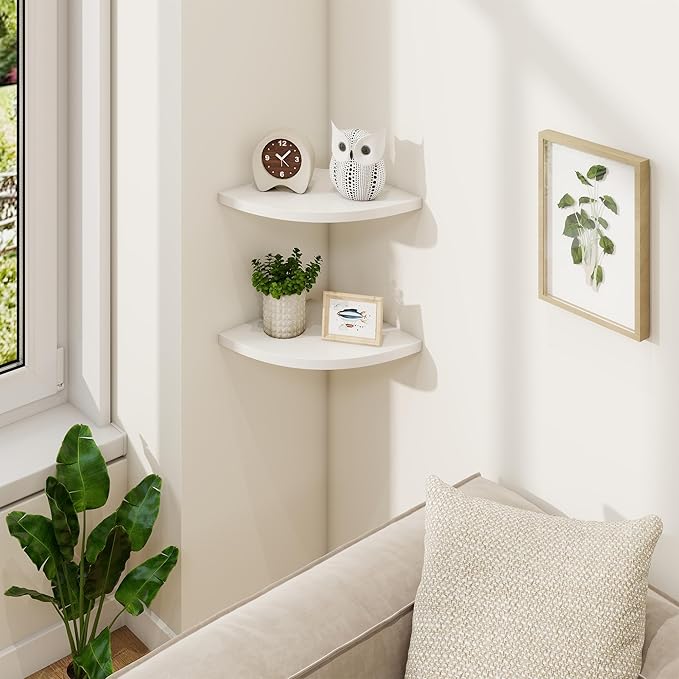 Fun Memories Corner Shelf Wall Mount Set of 2 - Solid Oak Wood Floating Corner Shelf with Cable Hole, 8.5in Rustic Design for Bedroom, Living Room, Kitchen (White)-NeatNest