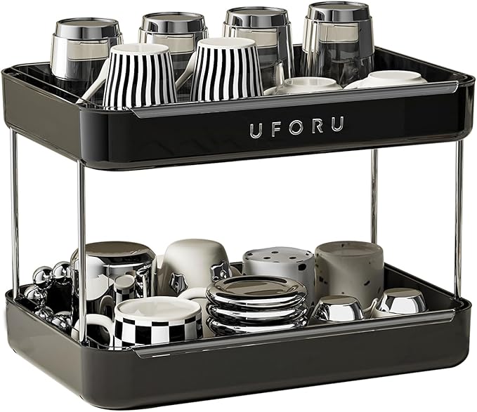Countertop Coffee Station Organizer, 2 Tier Wine Glass Holder, Mug Display Shelf with Removable Drain Tray, Spice & condiment Rack for Kitchen, Bathroom Countertop Organizer, Black-NeatNest