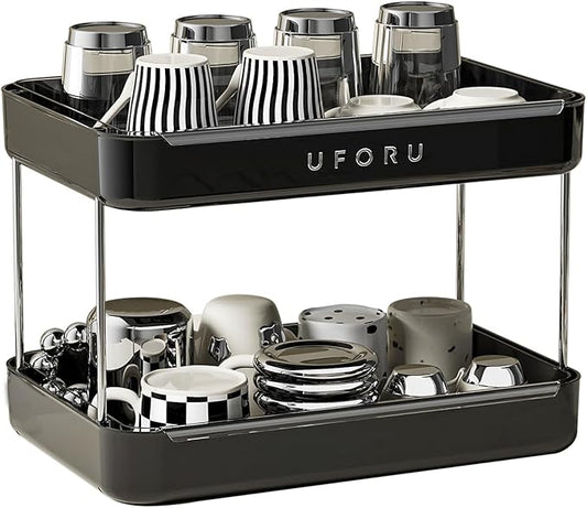 Countertop Coffee Station Organizer, 2 Tier Wine Glass Holder, Mug Display Shelf with Removable Drain Tray, Spice & condiment Rack for Kitchen, Bathroom Countertop Organizer, Black-NeatNest