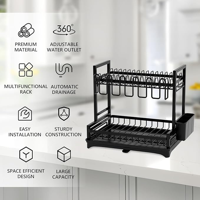 2-Tier Dish Drying Rack Dish Drainer Dish/Cup/Cutting Board Cutlery Holder Dish Drainer Rack Multifunctional Storage Rack w/Drainboard & 360° Telescopic Drain Pipe for Kitchen (Black)