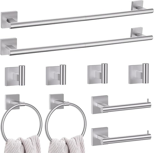 10 Pieces Bathroom Hardware Set Brushed Nickel Towel Bar Set Includes 23.6” Towel Bar, Towel Ring Holder, Toilet Paper Holder and Two Towel Hooks, Bathroom Accessories Set SUS304 Wall Mounted