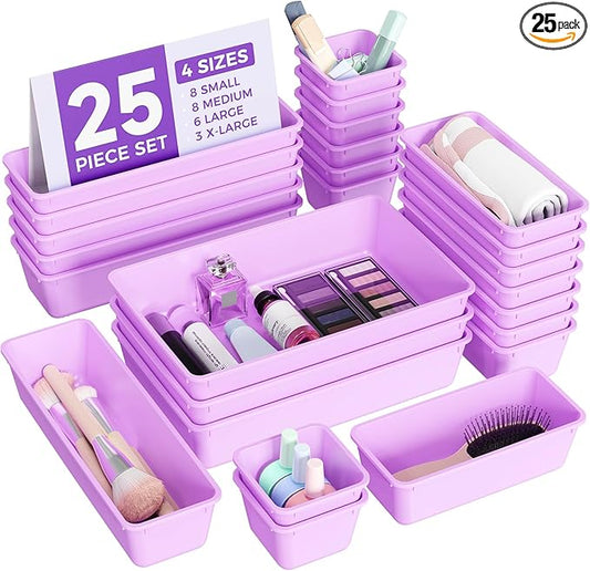 25 PCS Plastic Drawer Organizers Set, 4-Sizes Vanity and Makeup Organizer, Desk and bathroom Drawer Organizer Trays, Organizers and Storage for Makeup, Jewelry, Gadgets, Utensils (Purple)-NeatNest