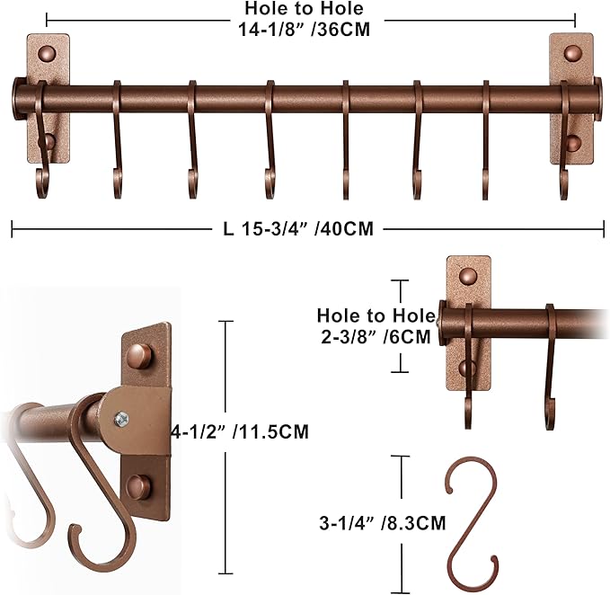 Dseap Kitchen Utensil Holder Hanger, Pot and Pan Rack Wall Mounted, Kitchen Rail with 8 Hooks for Hanging Cooking Utensils, Mugs, Spoons, Wall Mounted, Antique Copper, Pack of 2-NeatNest
