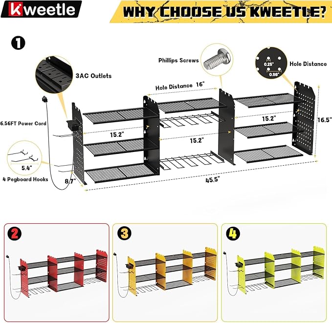 45" Power Tool Organizer Wall Mount with Charging Station - 3 Layer Storage Racks with 8 Cordless Drill Holder, 4 Hooks, Heavy Duty Garage Tool Organizer Storage for Workshop Shed Pegboard Basement
