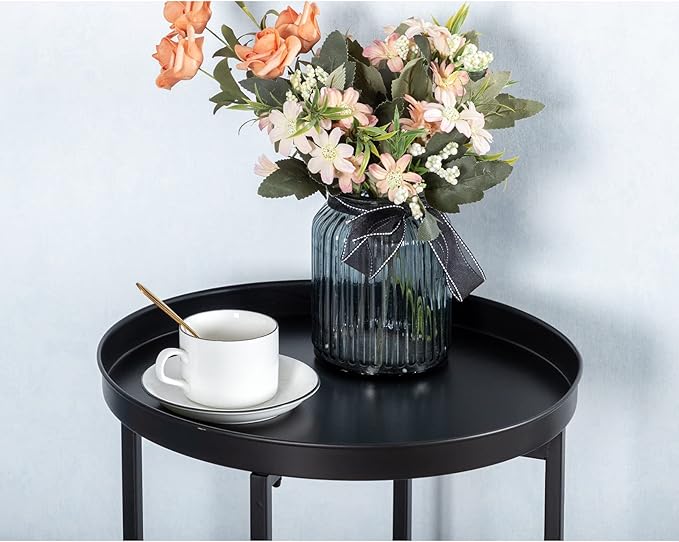 HollyHOME Small Round Metal Waterproof End Table, Accent Indoor&Outdoor Coffee Side Table, Snack Sofa Table for Living Room, Anti-Rust Decorative Plant Stand, (D) 14.5" x (H) 25", Black-NeatNest