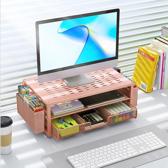 gianotter Desk Organizers and Accessories, Monitor Stand with Drawer and 2 Pen Holder, Desktop Organizer Suitable for Offices and Dormitories (Rose Gold)-NeatNest