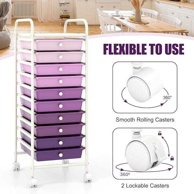 COSTWAY 10-Drawer Rolling Storage Cart, Utility Mobile Trolley with Removable Drawers & Universal Casters & 2 Brakes, Versatile Flexible Drawer Organizer Cart for Home, Office, Purple Gradient-NeatNest