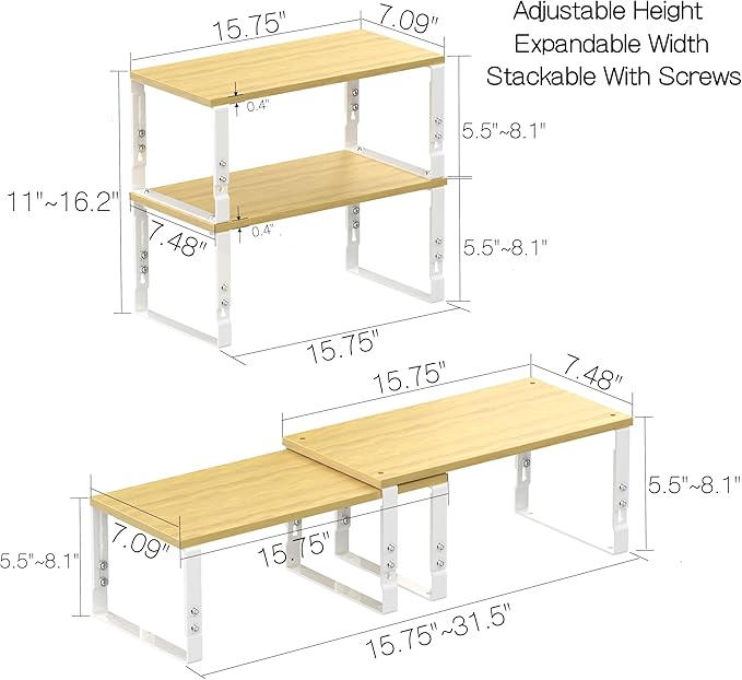 Expandable Kitchen Cabinet Organizer Shelves – Stackable Adjustable Metal and Wood Storage Racks for Countertop, Pantry, Garage Set of 2 Spice Rack – Easy Assembly, Space-Saving(1 Pack/Large/White)-NeatNest