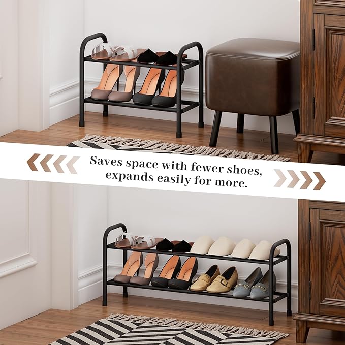 Expandable Shoe Rack, Adjustable Shoes Organizer Metal, Space-Saving Storage Shelf for Closet, Entryway, Front Door & Hallway,Sturdy and Easy Assembly (Black, 2-Tier)