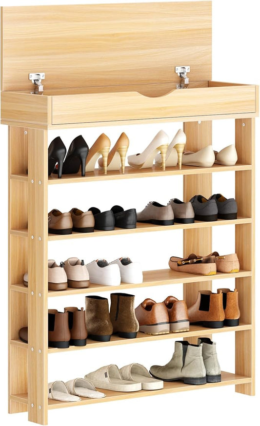 soges 5-Tier Wooden Shoe Rack with Storage Cabinet, 29.5 inches Vertical Free Standing Shoe Shelf, Shoe Organizer Storage Cabinet for Entryway, Living Room, Hallway, Doorway, White Oak-NeatNest
