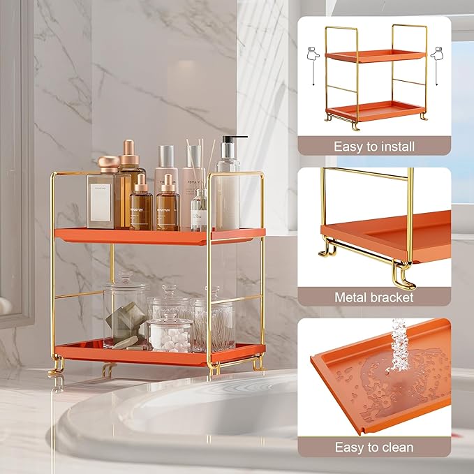 FSyueyun 2-Tier Bathroom Countertop Organizer,Bathroom Organizers and Storage with Tool-Less Installation, Premium Plastics for Makeup, Perfume, Skincare on Dresser Vanity Tray(Gold & Orange)-NeatNest