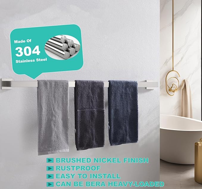 36 Inch Towel Bar for Bathroom 12/16/24/28/32/36 Inch Kitchen Towel Holder Brushed Nickel Towel Rod Wall Mounted SUS304 Rustproof Towel Rack Modern Square Design (1, Brushed Nickel, 36 Inch)
