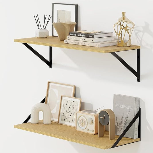 Fun Memories Deep Floating Shelves for Wall, 24W x 8D Wall Mounted Shelves Set of 2, Wide Display Ledge Shelf with Sturdy Metal Brackets for Living Room, Bathroom, Bedroom and Kitchen, Oak-NeatNest