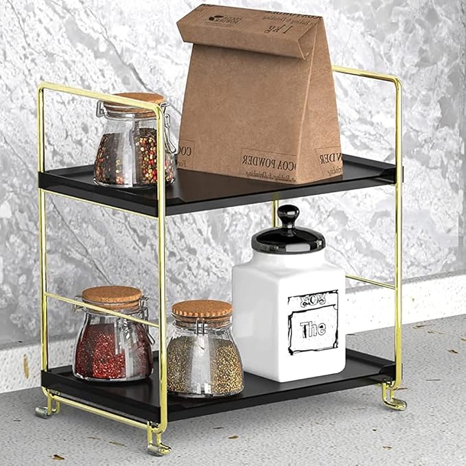 2-Tier Kitchen Spice Rack - Freestanding Stackable Organizer Shelf - Bathroom & Cosmetic Organizer - Square Standing Rack (Golden&Black)-NeatNest