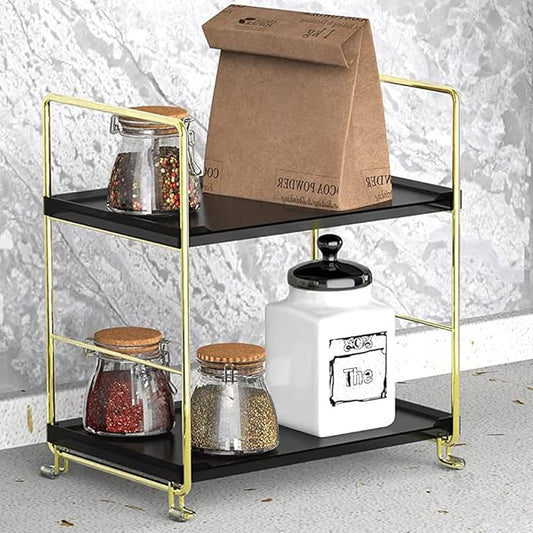 2-Tier Kitchen Spice Rack - Freestanding Stackable Organizer Shelf - Bathroom & Cosmetic Organizer - Square Standing Rack (Golden&Black)-NeatNest