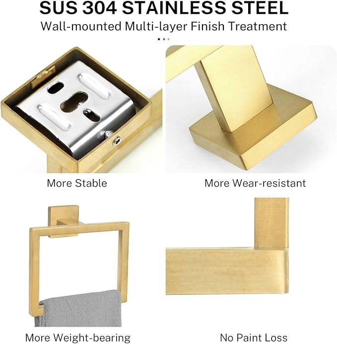 Brushed Gold Towel Ring,Square Hand Towel Holder,Towel Hanger, Bathroom Hardware Accessories,SUS 304 Stainless Steel Wall-Mounted-NeatNest