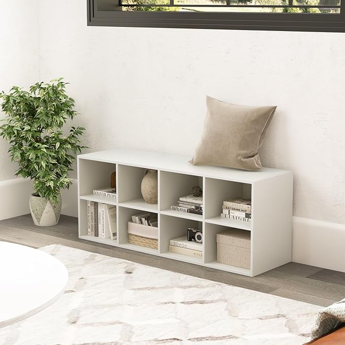 LOKO 8-Cubby Shoe Storage Bench, 40” Entryway Bench with Storage, 500 LBS Loading Capacity, Multifunctional Shoe Rack Organizer, Bed End Bench for Bedroom Living Room Hallway Mudroom (White)