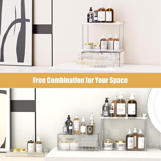 2-Tier 2-Drawer Bathroom Countertop Organizer : Large Multi-Purpose Makeup Vanity Organizer - Perfume & Skincare Storage Amber Clear-NeatNest