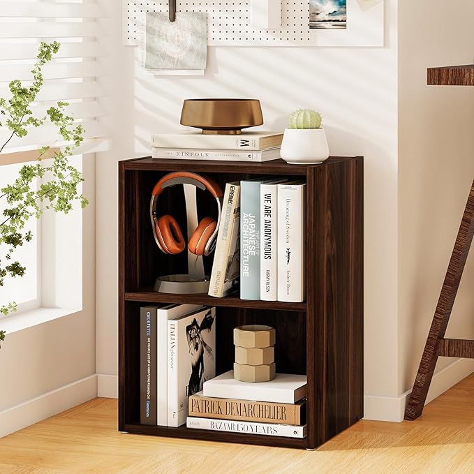 Giantex Bookshelf and Bookcase 2-Layer Storage Shelf w/Large-Capacity Open Storage Space, MDF P2 Veneer, for Living Room Bedroom Study Office Multi-Functional Furniture Display Cabinet (Walnut, 1)