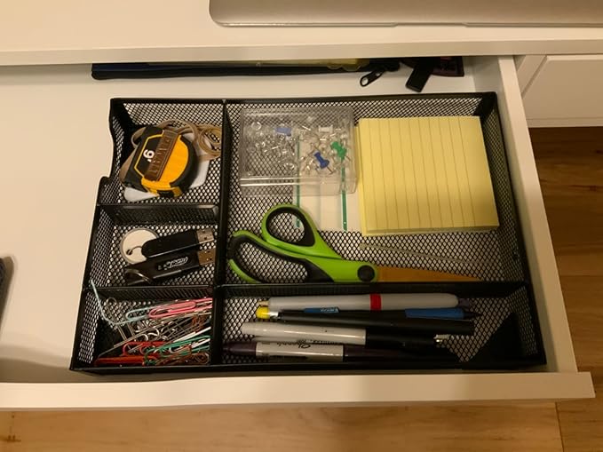Desk Drawer Organizer Tray, 5 Compartments Metal Mesh Drawer Organizer Tray, Pen Pencil Desk Organizers and Accessories for Office Supplies, School & Makeup, 12.3 x 8.4 x1.7inch, Black-NeatNest