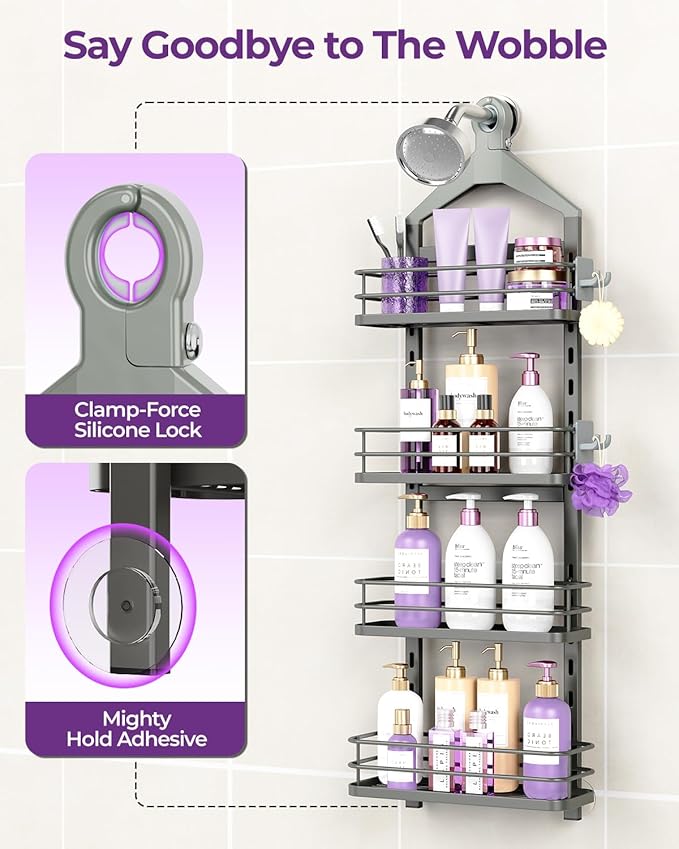 ODesign 4 Tier Height-Adjustable Shower Caddy Hanging Anti-Swing-Over The Shower Head Caddy-Showers Storage Organizer Bathroom Shelves Basket Showers Caddies-Grey