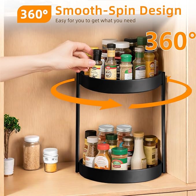 2 Tier Metal Lazy Susan Organizer, 12 Inch Rotating Turntable Double Lazy Susans for Cabinet Kitchen Bathroom, Anti-Rust Two Tiered Spinner Tray Carousel Organizer for Spice Rack Countertop Black-NeatNest
