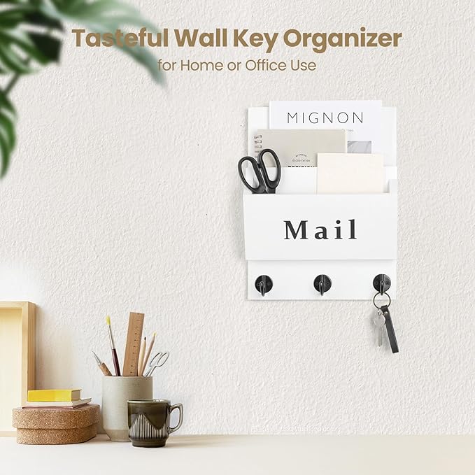 Mail and Key Holder - Decorative 8.86" x 11.42" Wall Key Hanger with 2 Mail Organizer Slots and 3 Hooks - Real Paulownia Wood with Keyhole Brackets, Hardware and Instructions (White)
