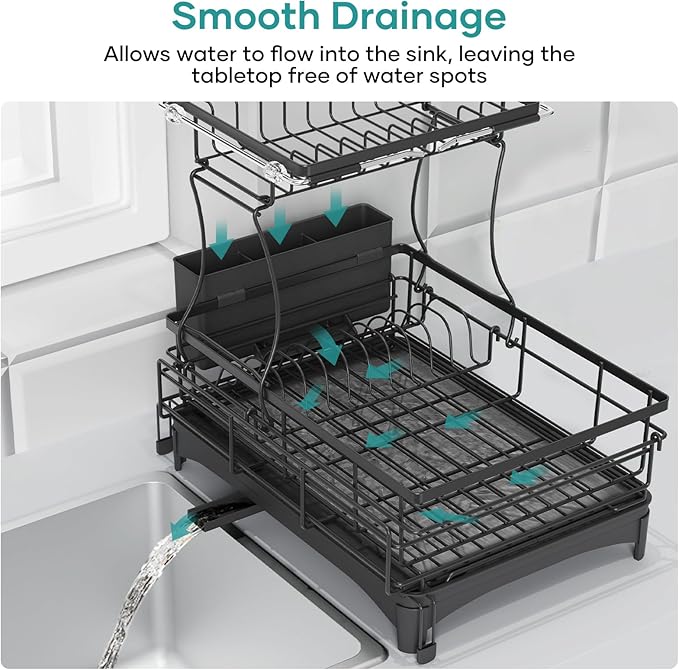 Dish Drying Rack for Kitchen Counter, Extendable Dish Rack with Drainboard, Kitchen Countertop 2 Tier Dish Drying Rack, Expandable Dish Strainer with Cutlery Holder, Removable Cutlery Holder（Black）