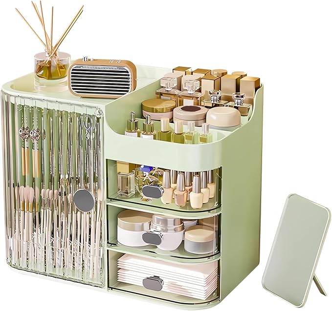 DASITON Makeup Organizer for Vanity,Large Capacity Makeup Storage Organizer with 3-Layer Drawers and Mirror,Cosmetics Display Case Make up Organizers for Vanity,Bedroom,Countertop(Green)