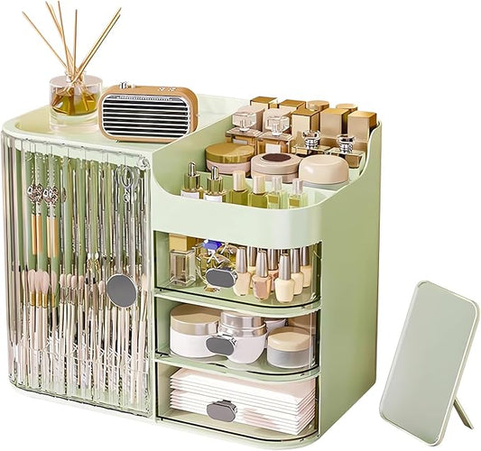 DASITON Makeup Organizer for Vanity,Large Capacity Makeup Storage Organizer with 3-Layer Drawers and Mirror,Cosmetics Display Case Make up Organizers for Vanity,Bedroom,Countertop(Green)